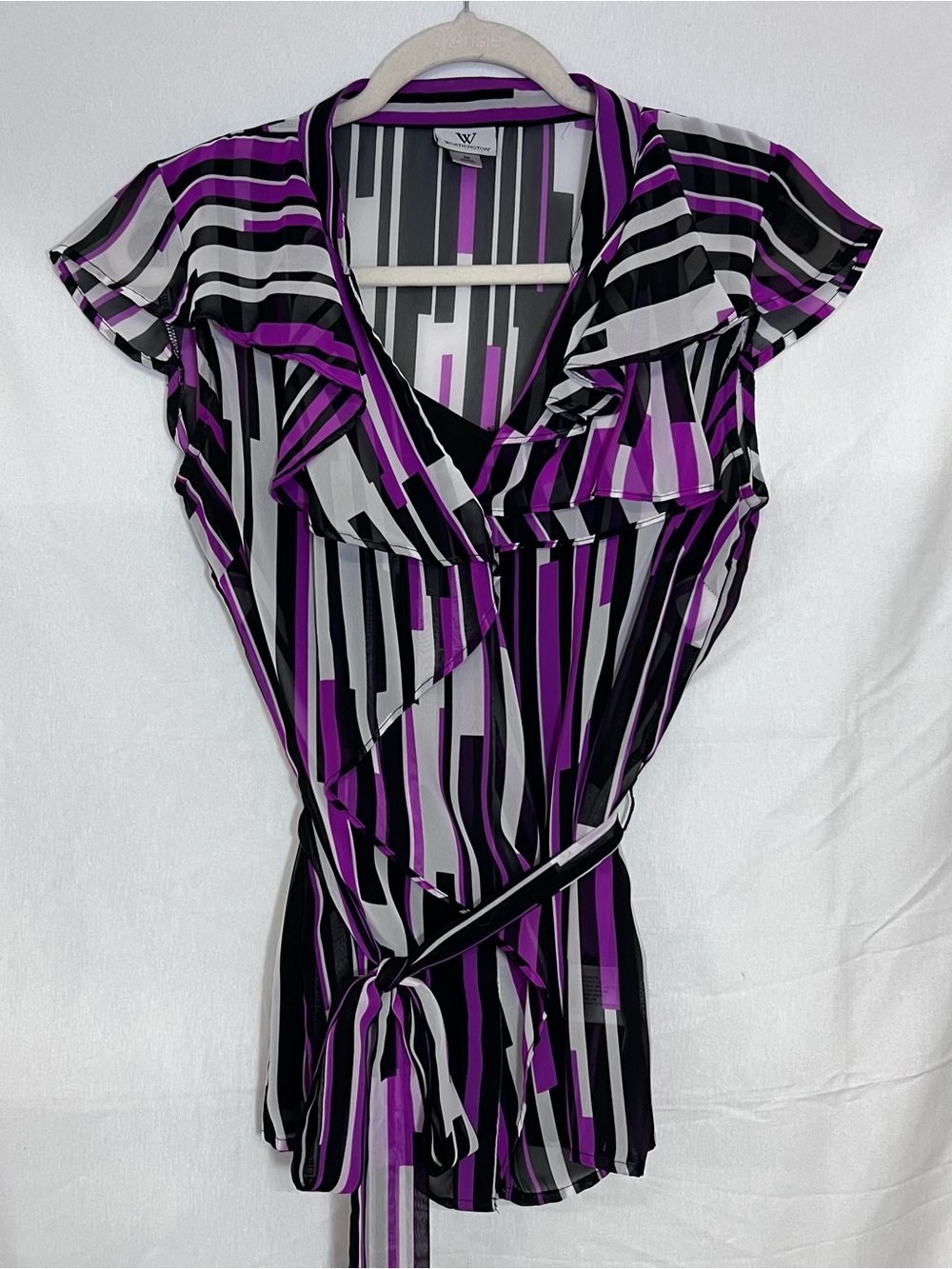 Worthington Black White and Purple Striped Blouse with Tie Waist